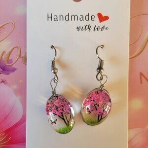 Silver Plated Magenta Real Dried Flower Resin Earrings